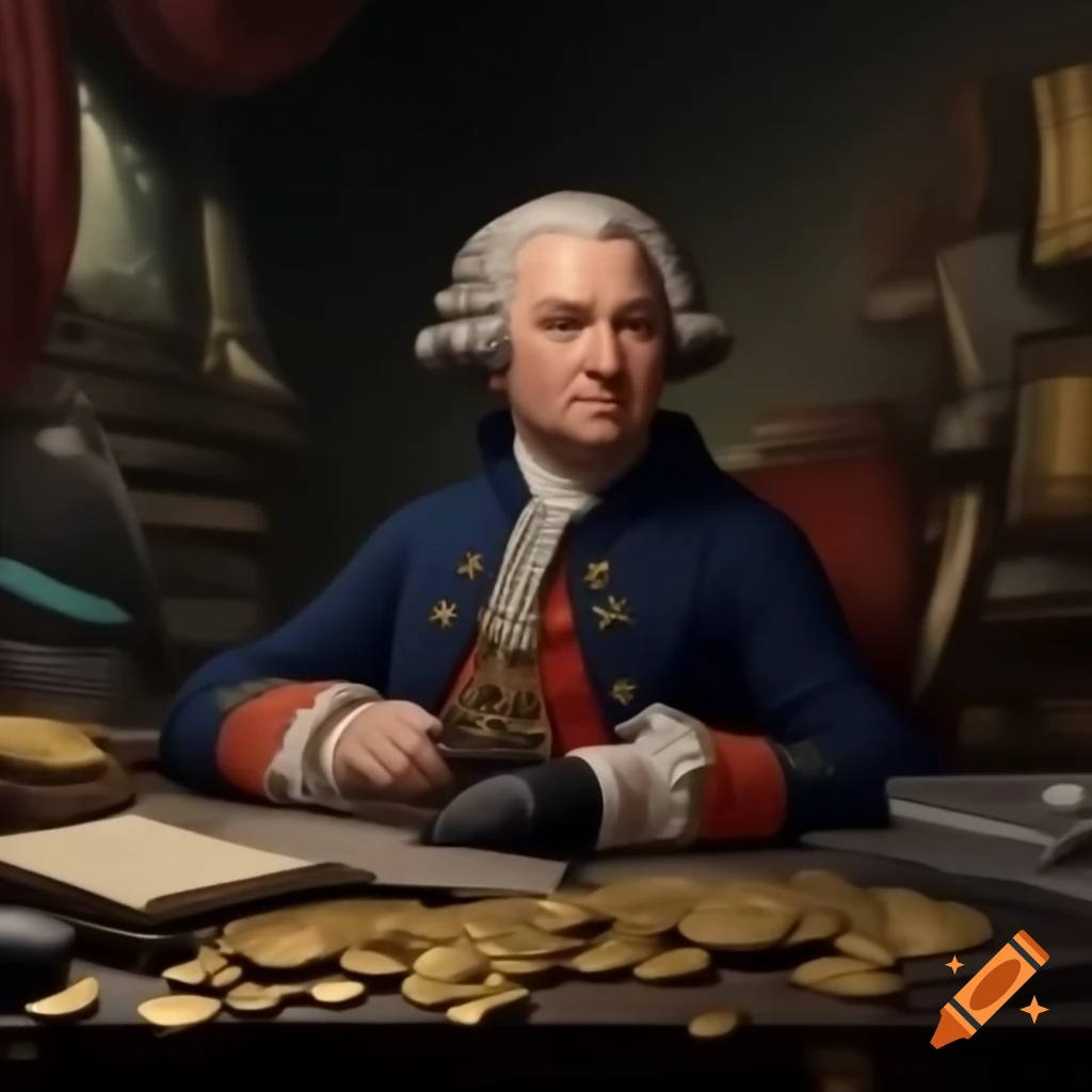 Sir Isaac Newton at desk filled with gold coins and jewels, dressed in 17th-century attire