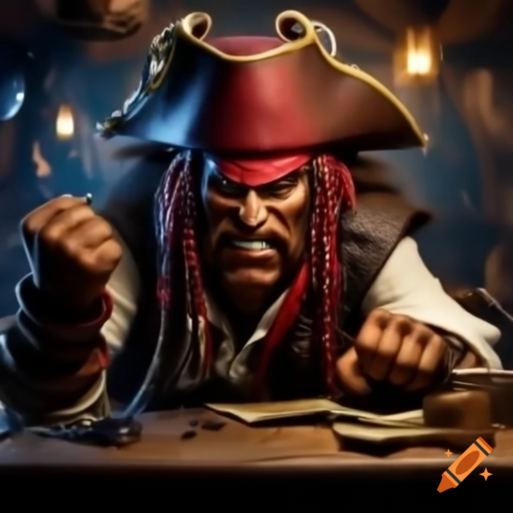 Angry pirate striking wooden table on payday