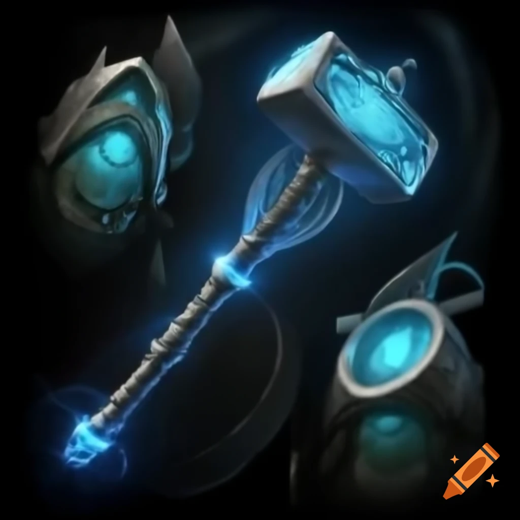 Magical blacksmith's hammer glowing blue with energy wisps and jeweled adornments