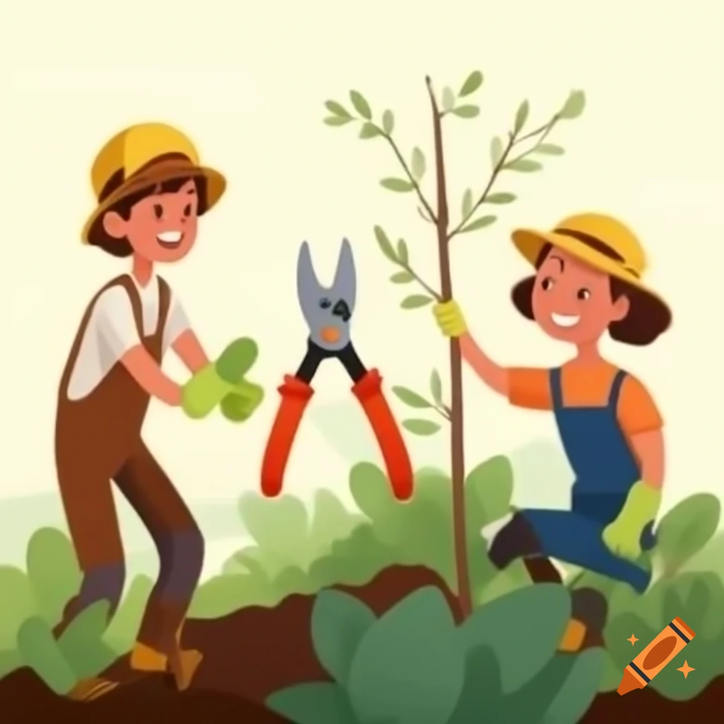 Two gardeners pruning bushes and smiling