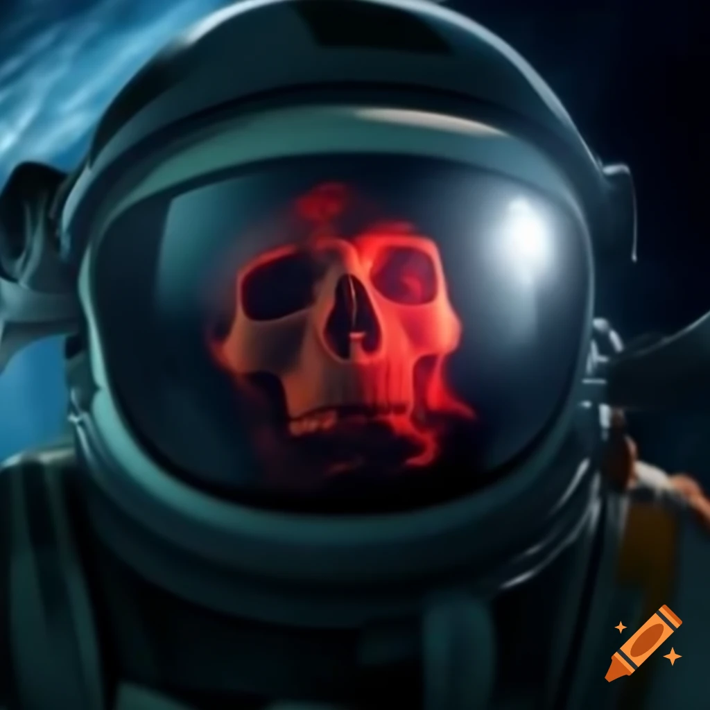 Automaton drifting through the Straights of Magellan in space with red skull helmet