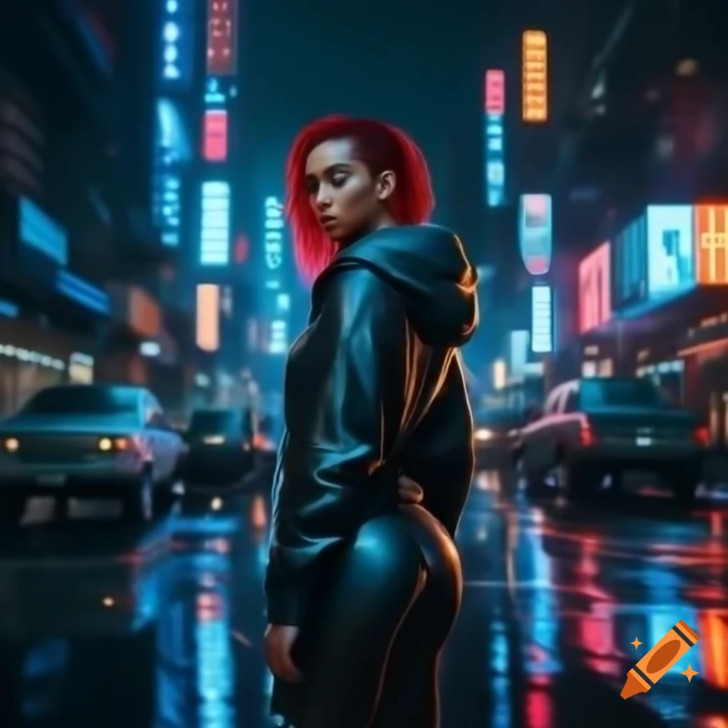 Photorealistic cyberpunk city night scene with confident woman under neon lights