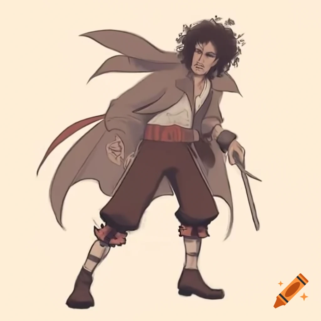 Anime male pirate character with curly brown hair in hoodie and cape