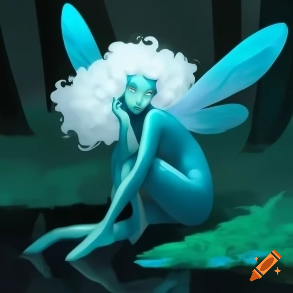 Androgynous figure with alabaster skin and dragonfly wings in iridescent colors