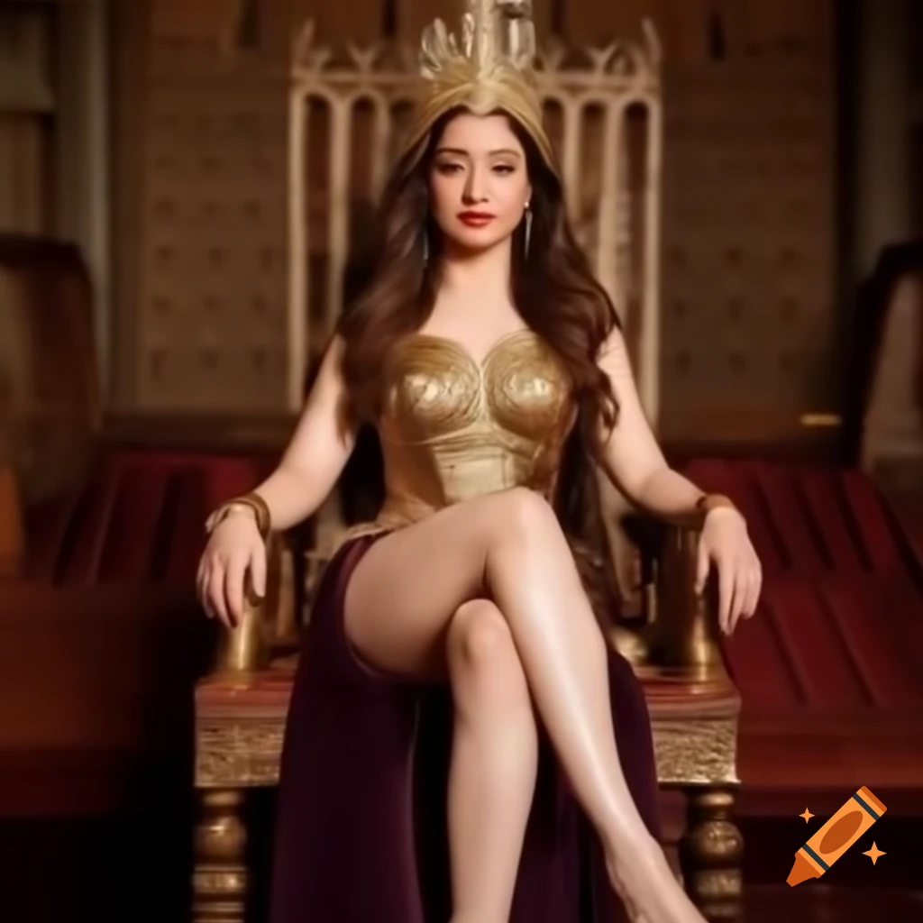 Tamanna Bhatia in goddess costume with crown sitting on chair