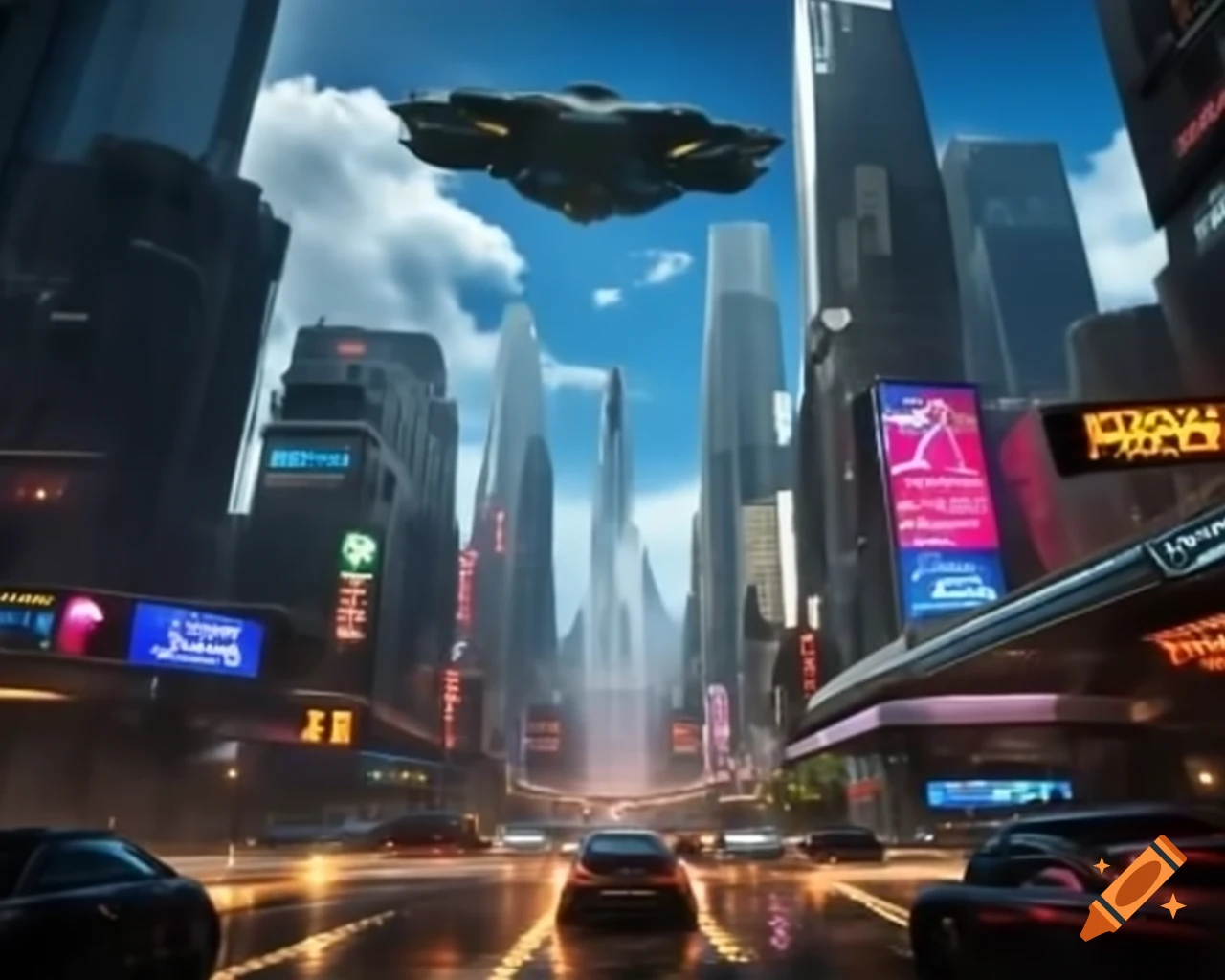 Futuristic metropolis with flying cars and neon skyscrapers