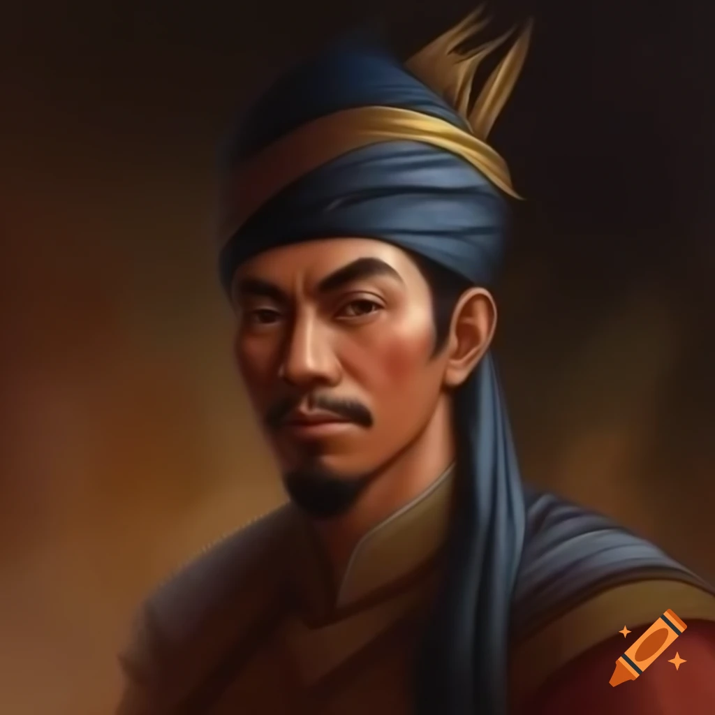 Portrait of Malay king from the 1600s in traditional clothing, European painting style