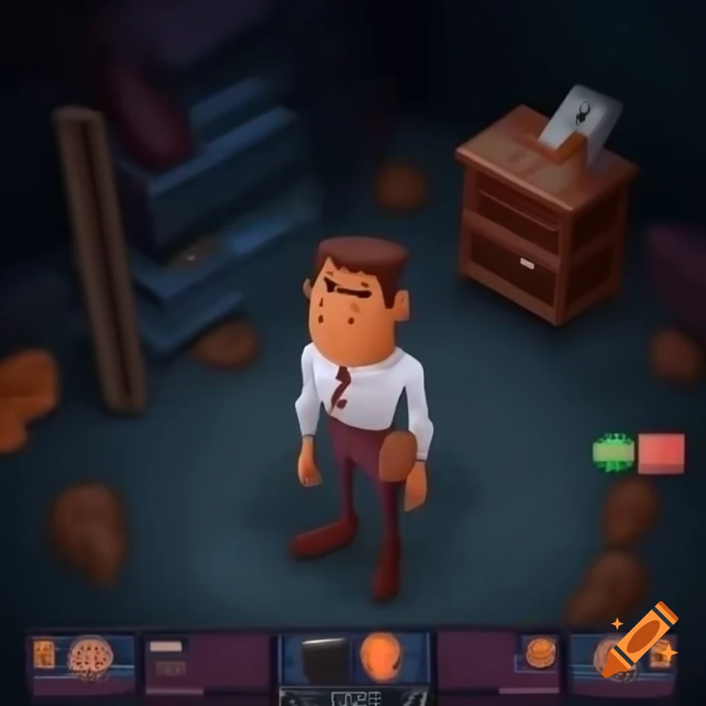 Clumsy office worker discovering underground dungeon, dressed in formal attire