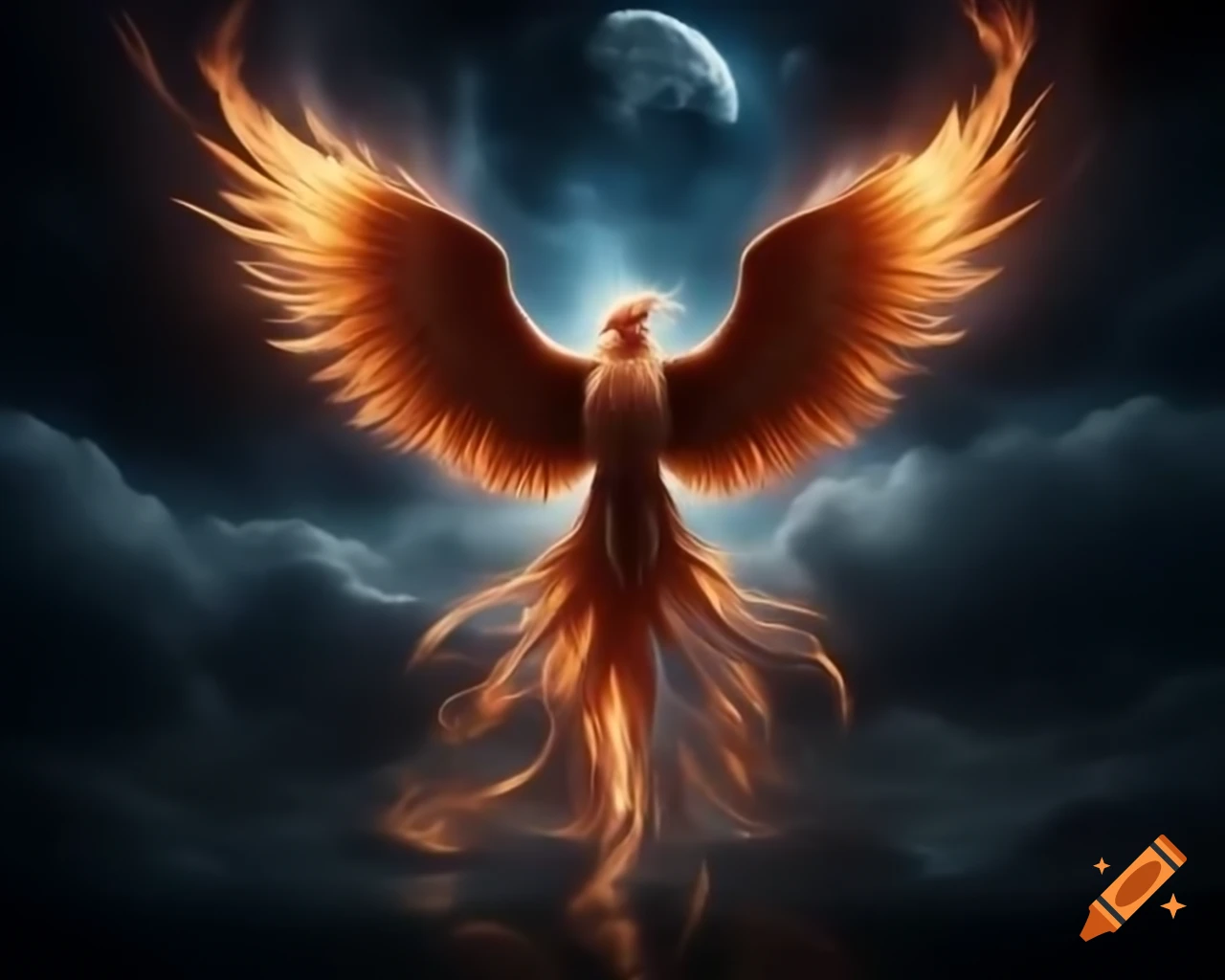 Phoenix with wings outstretched over floating island in midnight sky
