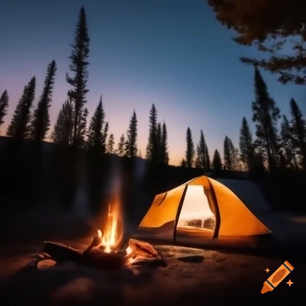 Outdoor lifestyle sticker design featuring camper, fire, tent, and pine trees under starry sky