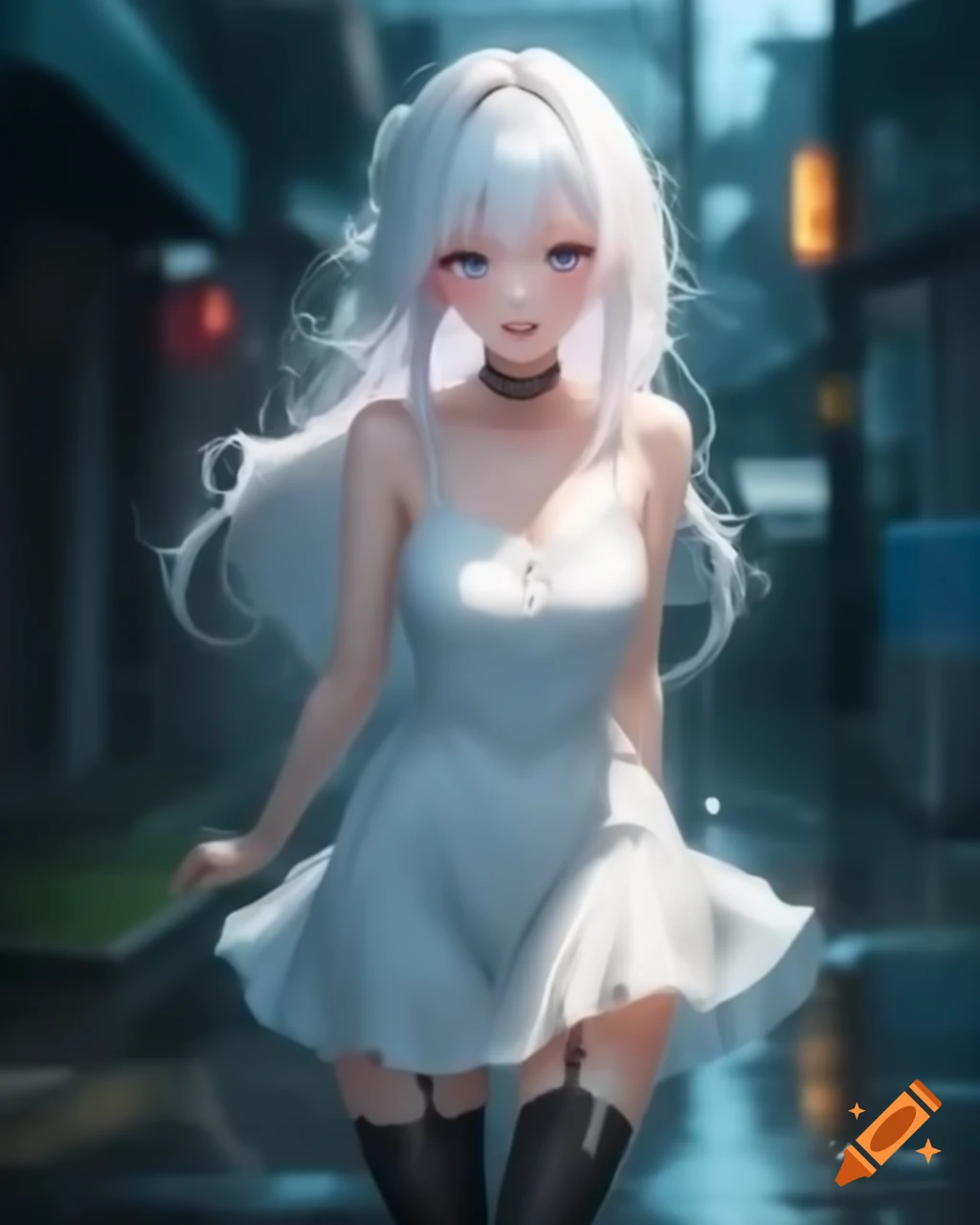 Anime character with white hair in a white dress on a rainy day, realistic style