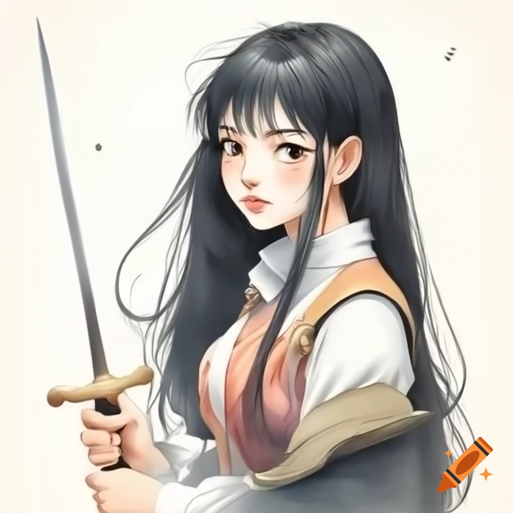 Young woman with long black hair holding sword in 1980s retro anime style