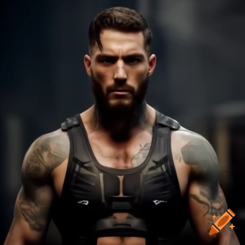 Photorealistic depiction of a futuristic male rebel fighter with tattoos
