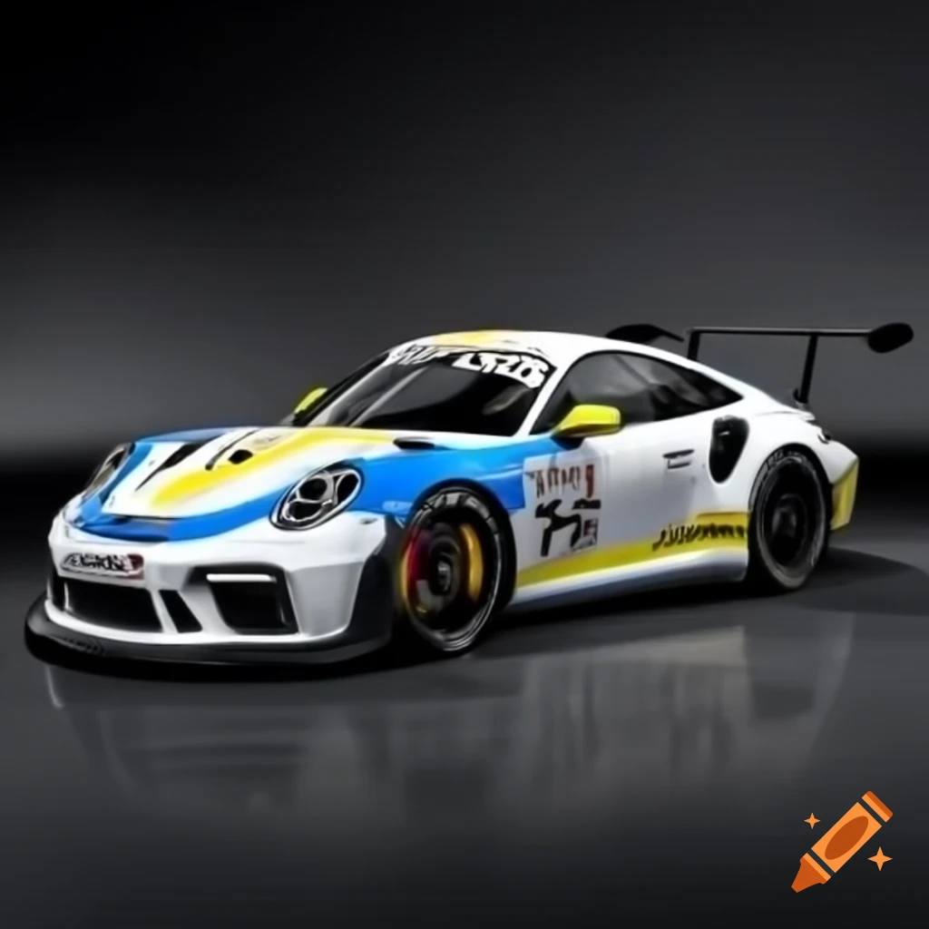 Porsche 911 GT3 R race car in white, blue, and yellow with ITK Engineering sponsorship