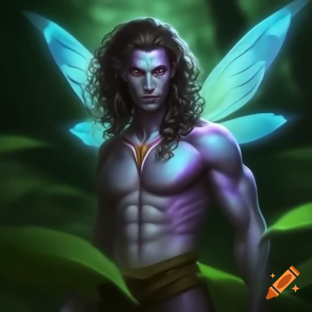 Male sylph character from Dungeons & Dragons with alabaster skin and dragonfly wings