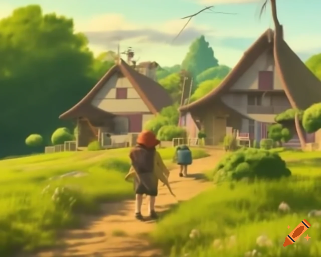 Village glowing in soft Ghibli-inspired light with sunlight through houses