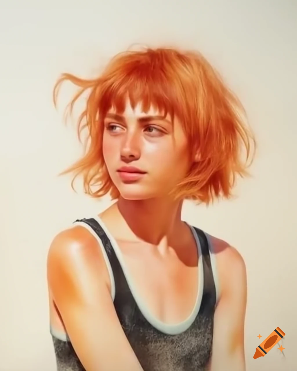 Hyper-realistic portrait of female skater with ginger hair in tank top at skate park