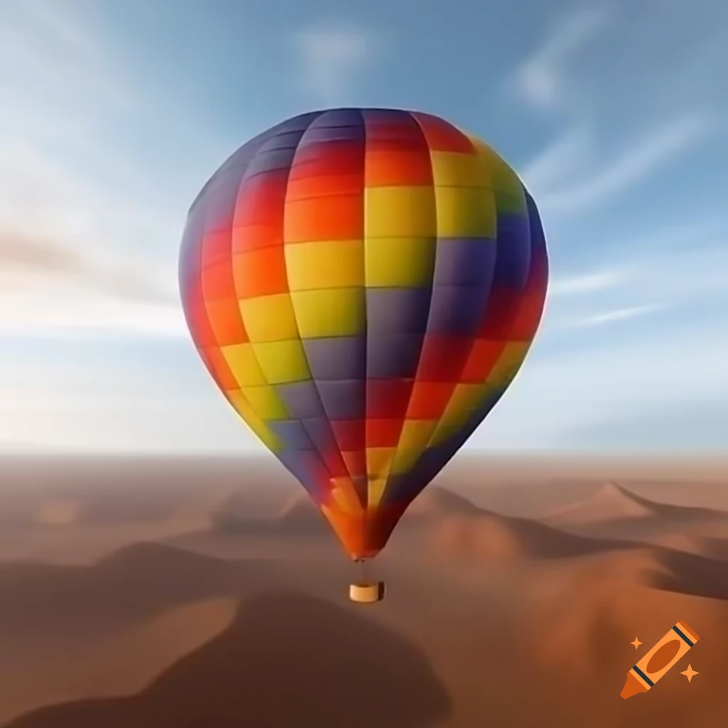 Multi-colored hot air balloon soaring over Mars