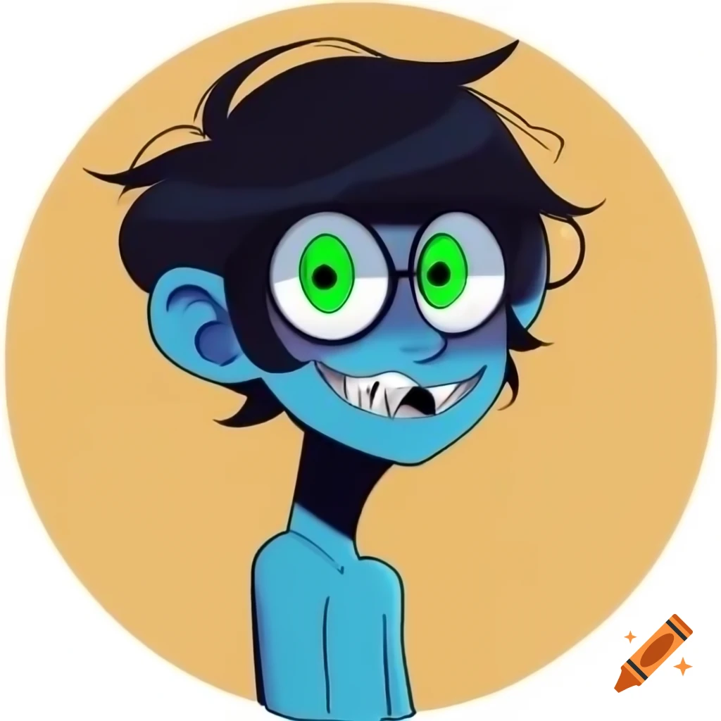 Cartoon character with mischievous grin, green eyes, and blue skin wearing glasses