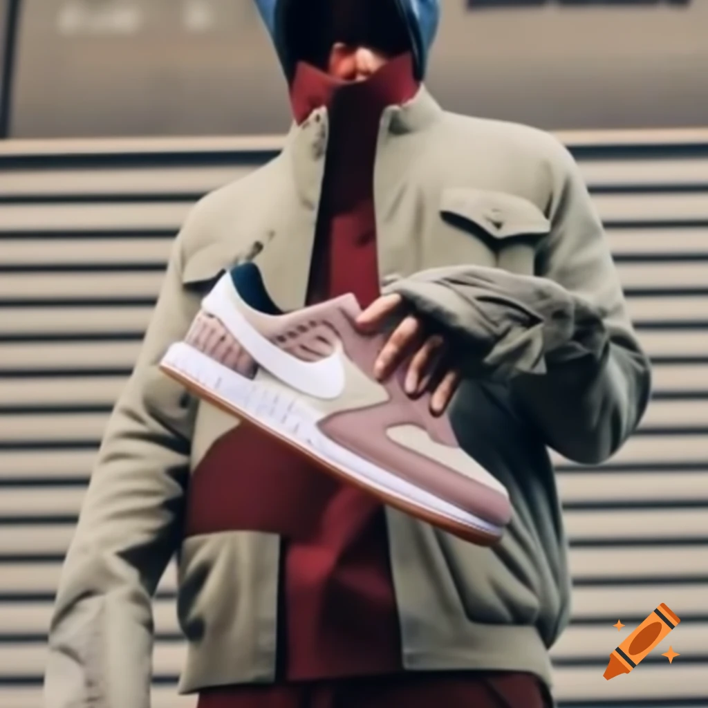 Young man holding Nike sneakers with Mota store bag
