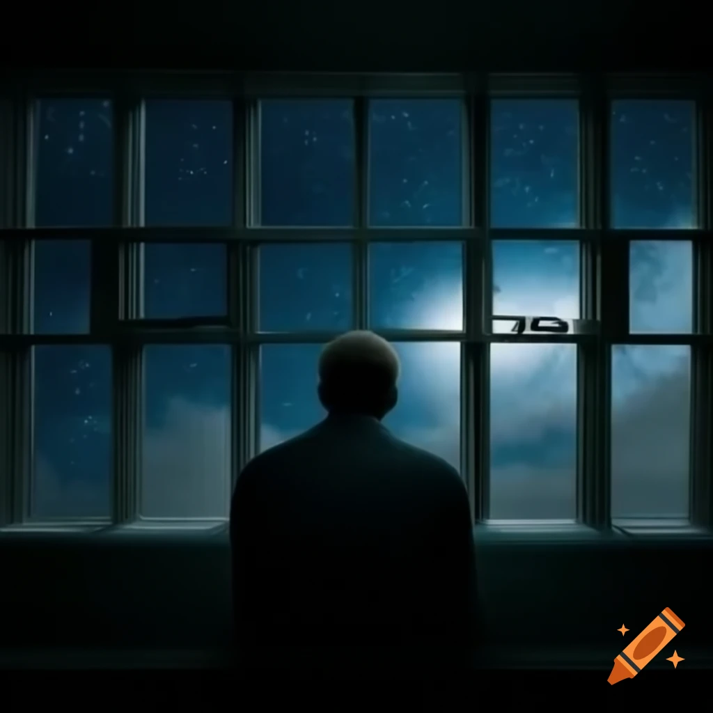Man gazing at stars through prison bars under starry night