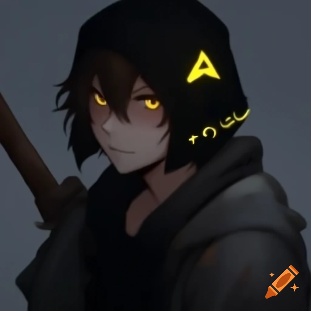 Older Niko character in anime style, dressed in ripped clothes with black headband and glowing gang symbol, holding rusty machete