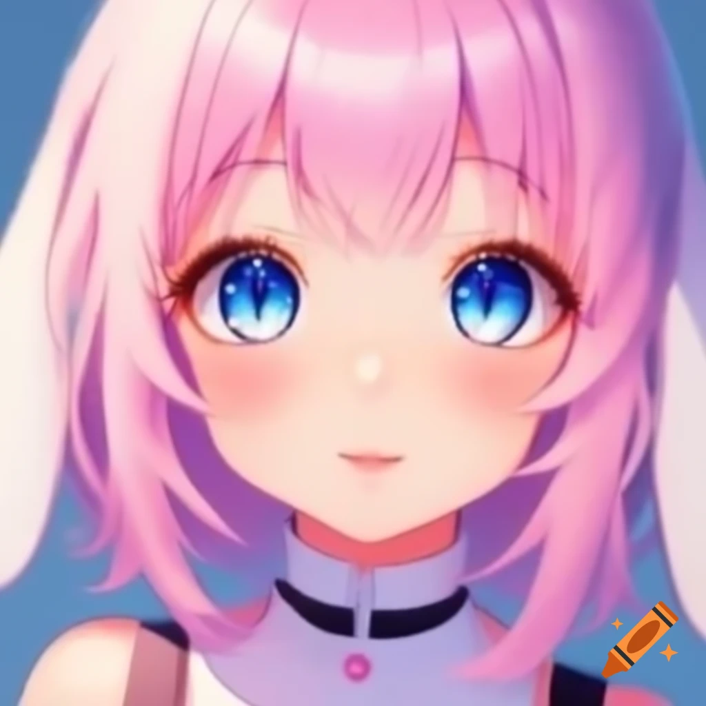 Anime girl with floppy bunny ears, blue eyes, and pink hair