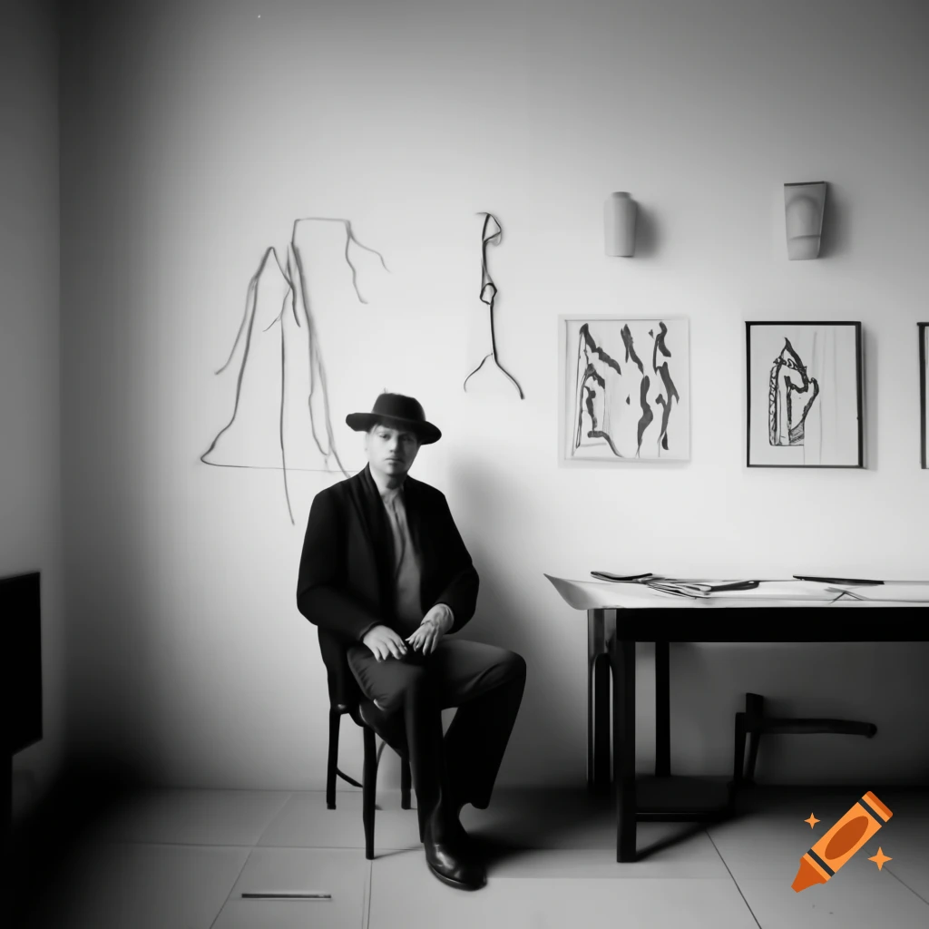Artist in modern Mediterranean style sitting in dining room with sculpture and sketches on table