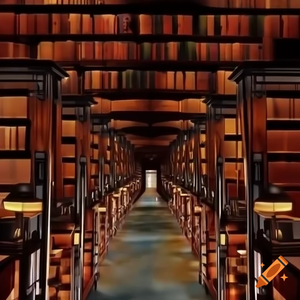 Impressionist painting of elegant bookshelves in a grand library