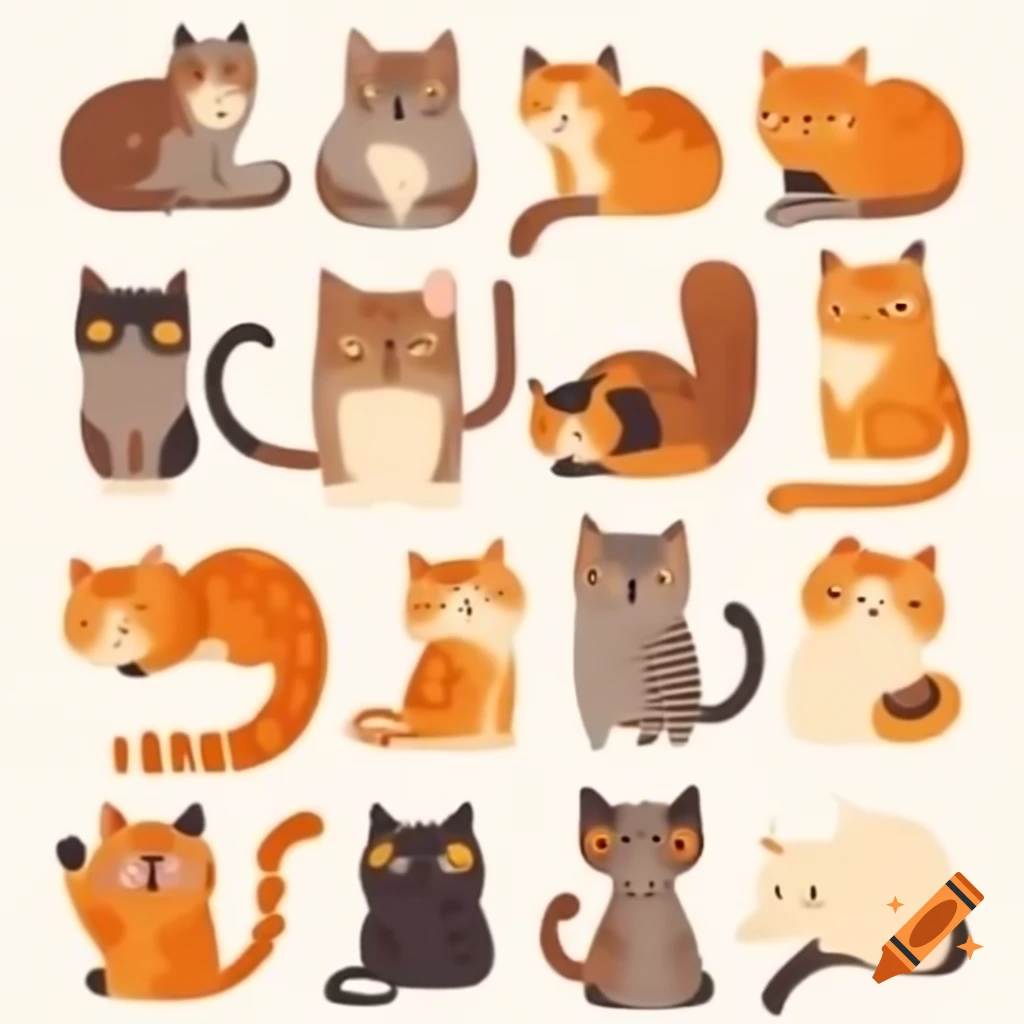 Colorful cartoon of 30 different cats sitting around
