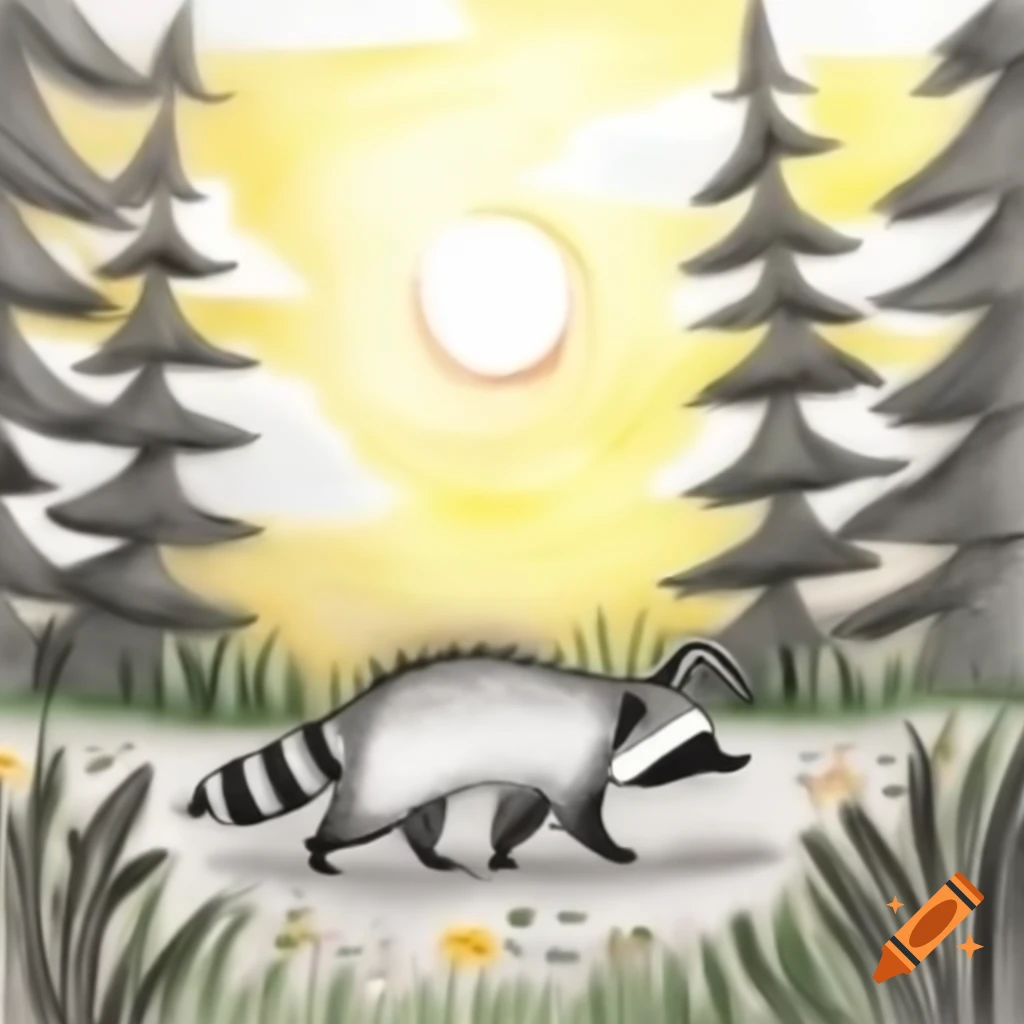 Raccoon walking in forest at sunset holding a flower, pencil drawing