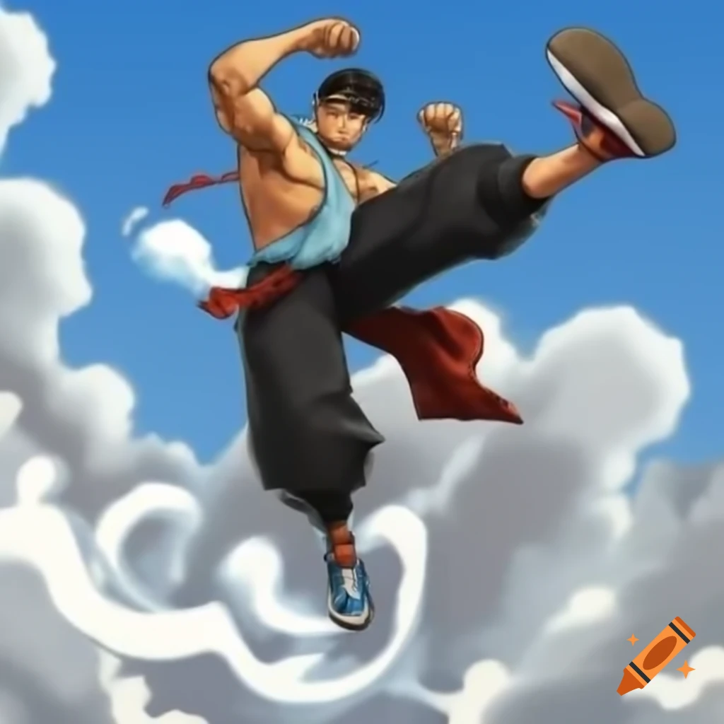 Gentleman in Birman attire performing high kick in manga style against smoke