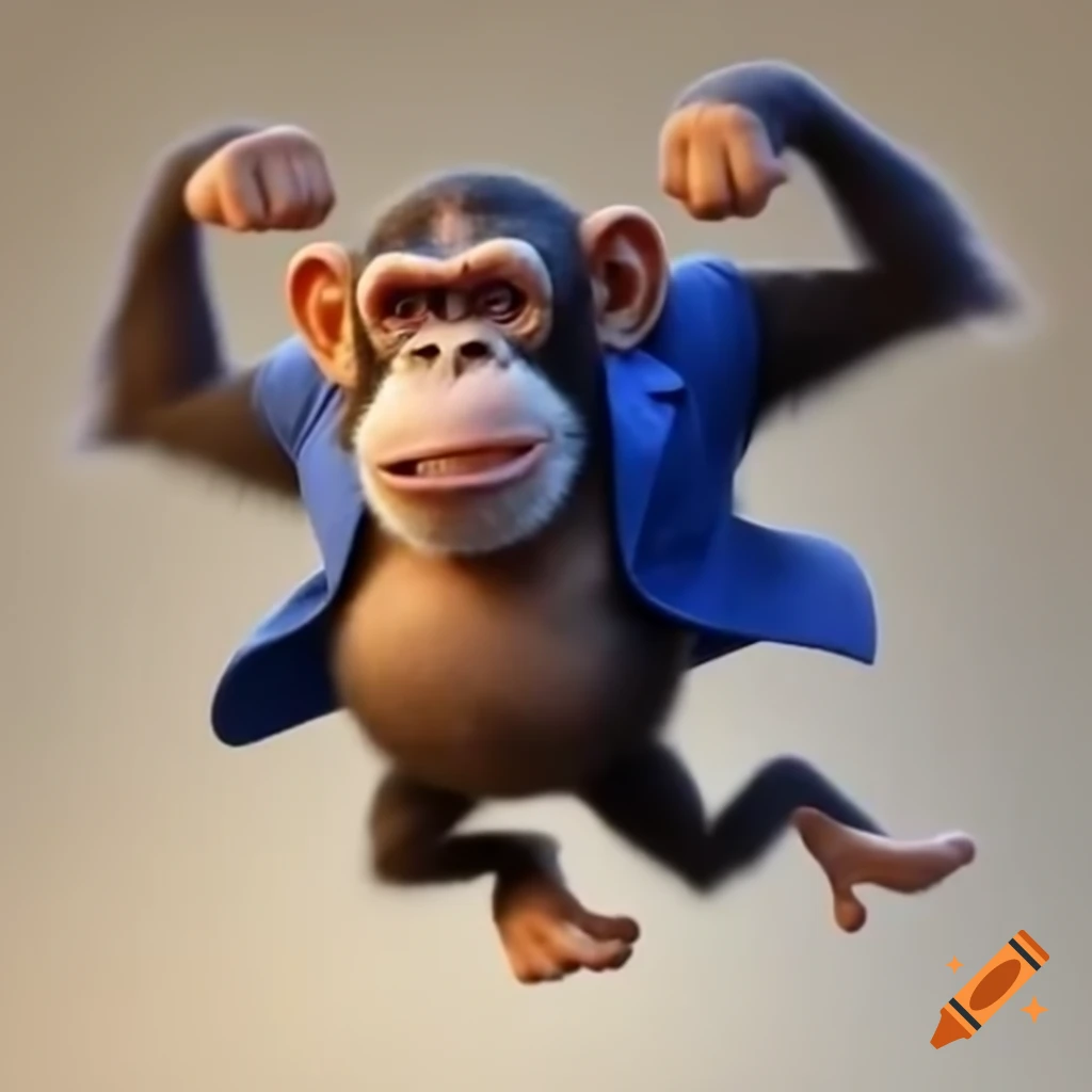 Animated chimpanzee in blue suit jumping with excitement of victory