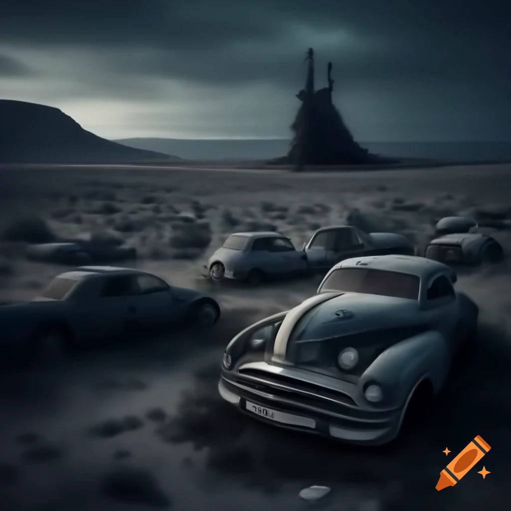 Ghosts in dark car junkyard at night with possessed car