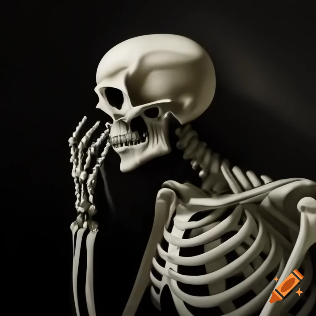 Skeleton whispering to a shadow in a mysterious setting