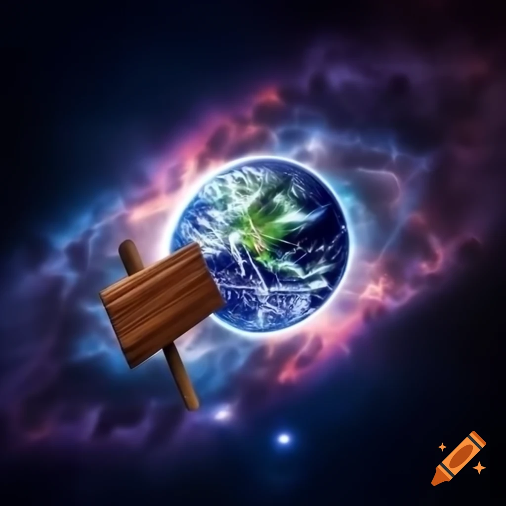 Earth against psychedelic galaxy with wooden sign stating 'You are here'