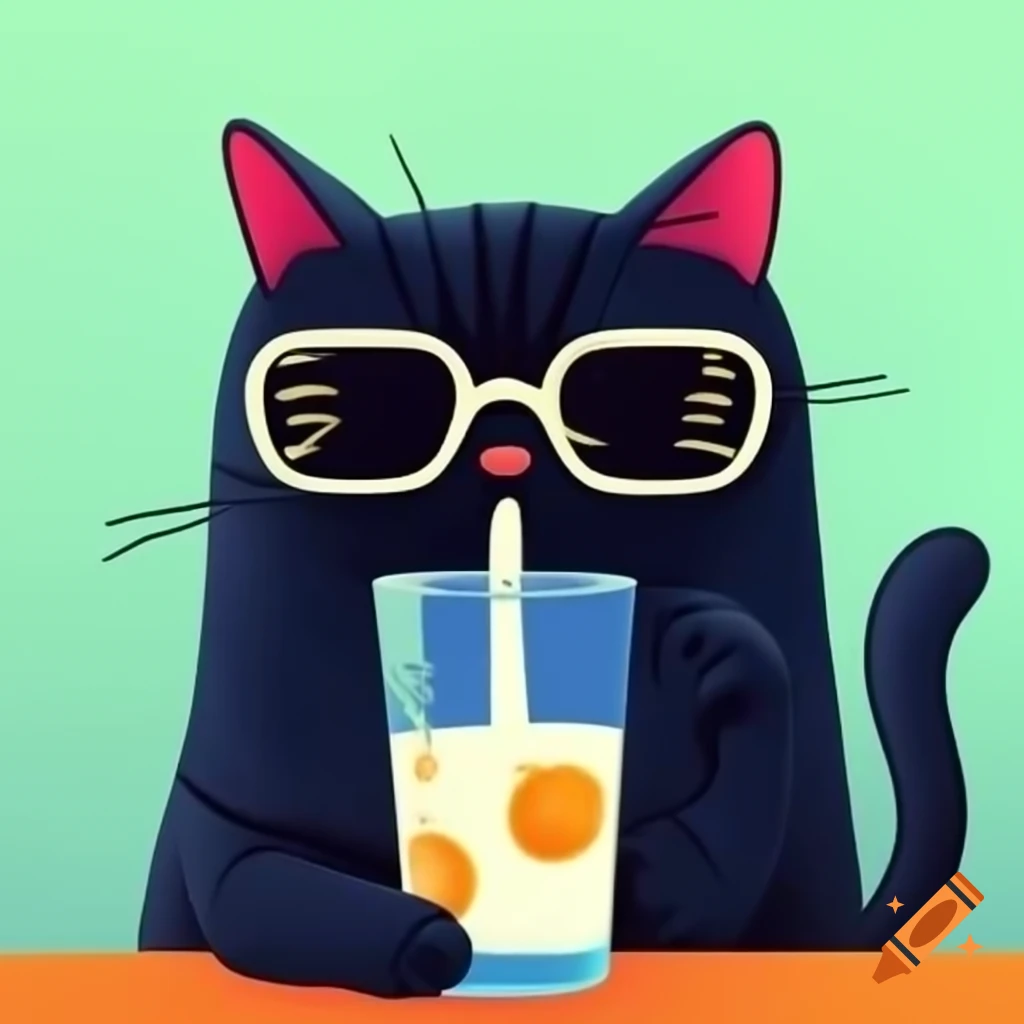 Cartoon black cat wearing sunglasses and drinking a beverage
