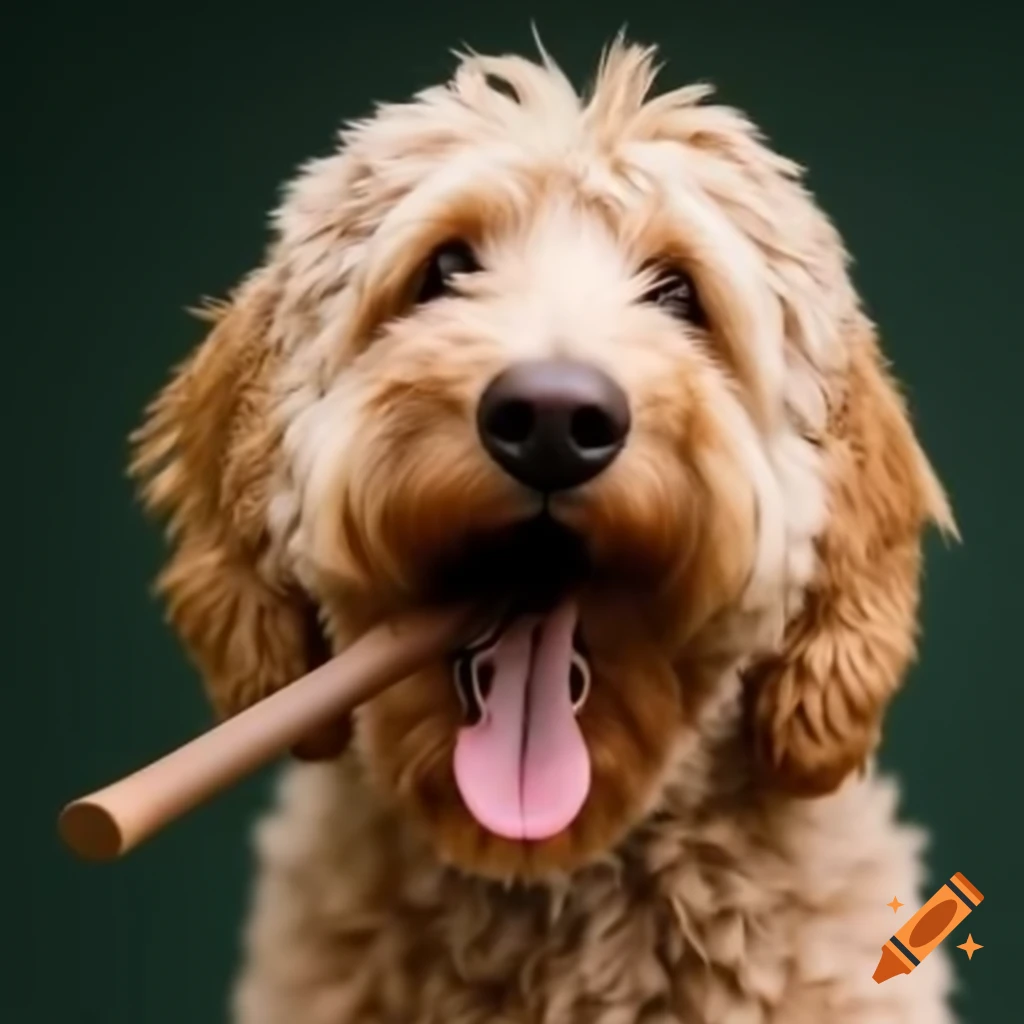 Labradoodle with stick in mouth
