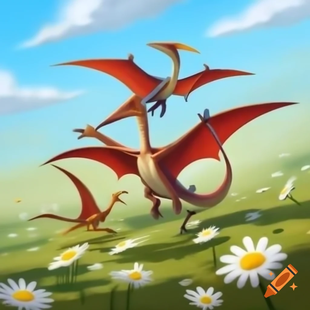 Pterodactyls flying over a field of daisies