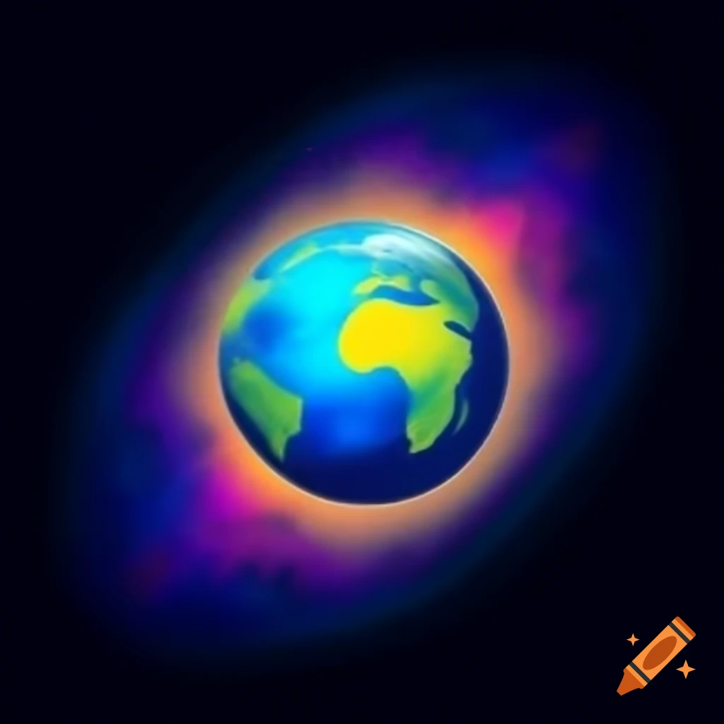 Earth set against a psychedelic colorful galaxy