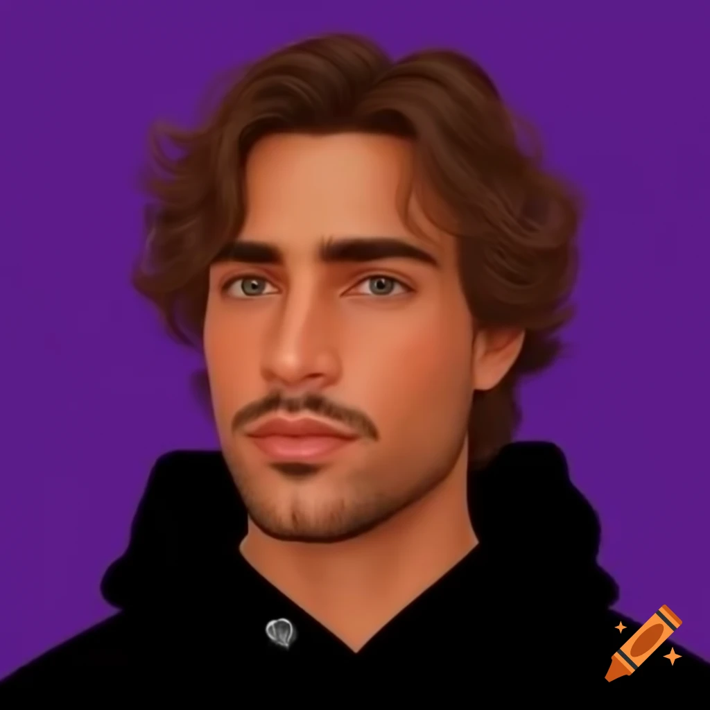 Digital art of brown skin male Brazilian developer in black hoodie against purple background