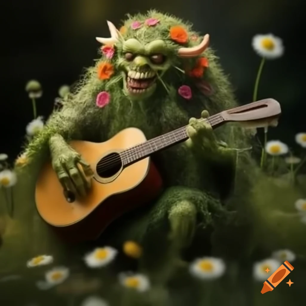 Wildflower monster playing acoustic guitar in hobbit hovel, highly detailed