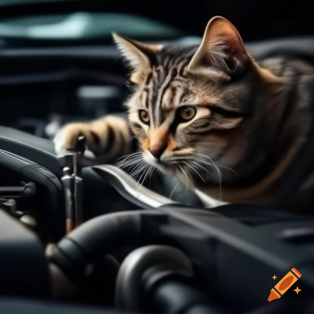 Tabby cat using a ratchet to repair car engine