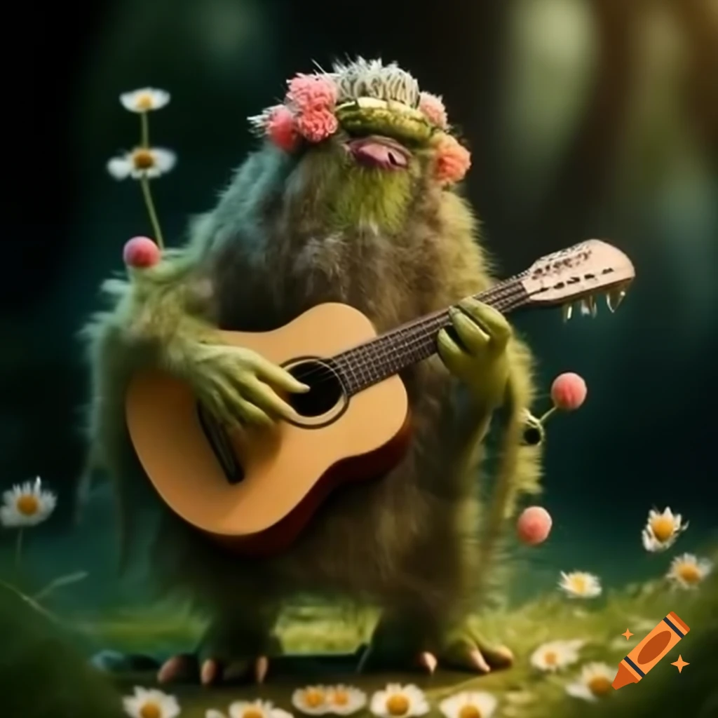 Wildflower monster playing acoustic guitar in hobbit hovel, highly detailed