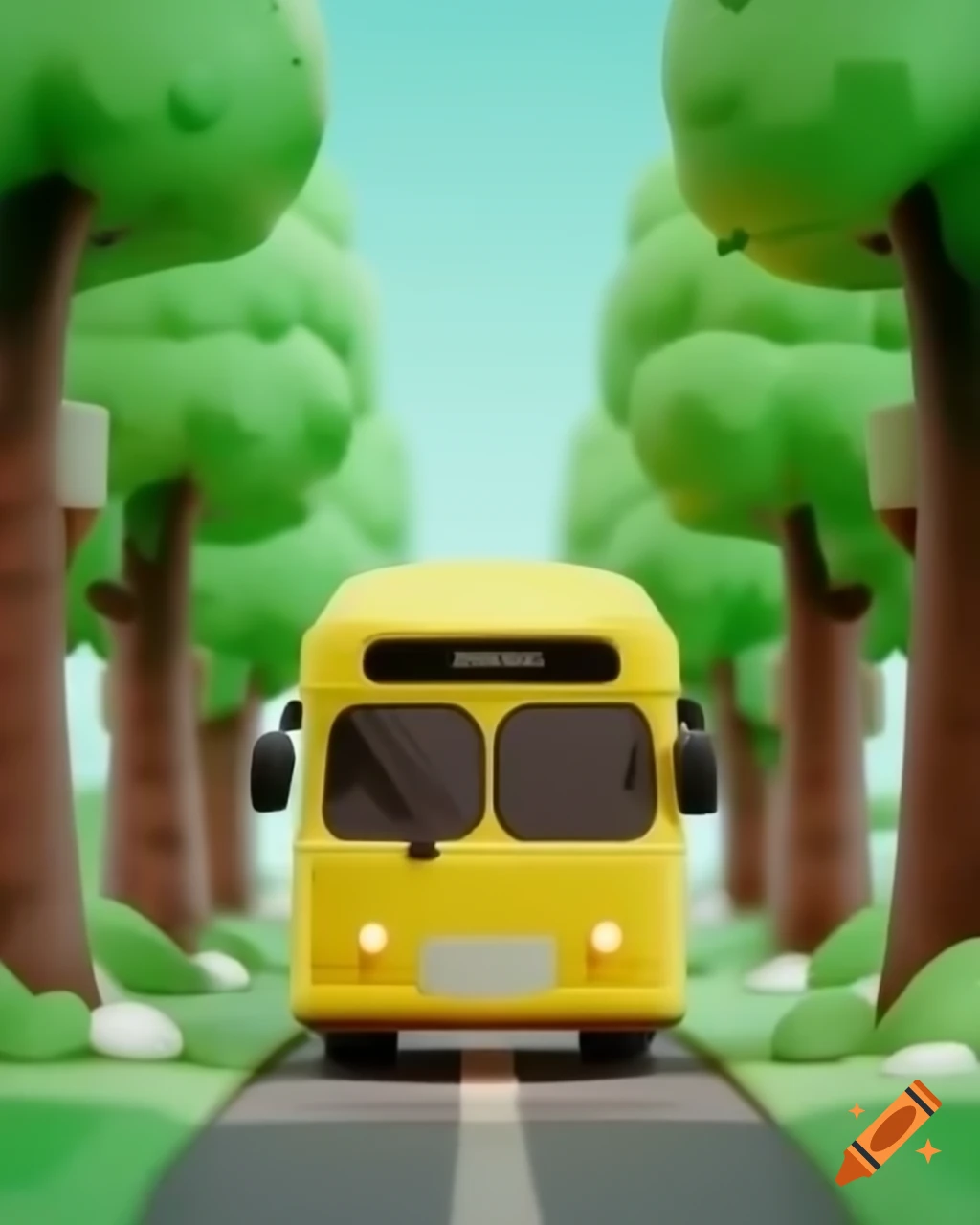 Kawaii 3D animated yellow bus driving down alley with cartoon bobbleheads