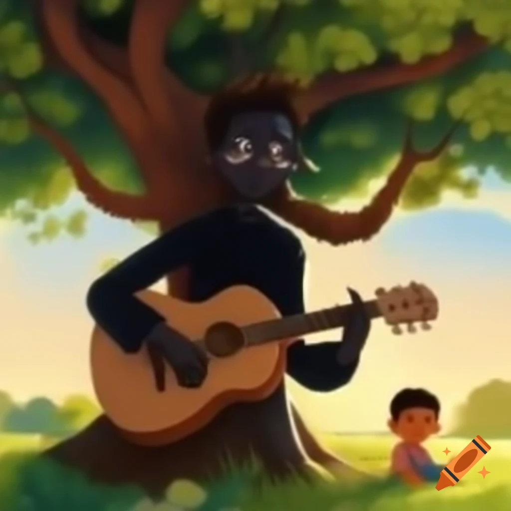 Person playing guitar under tree with child