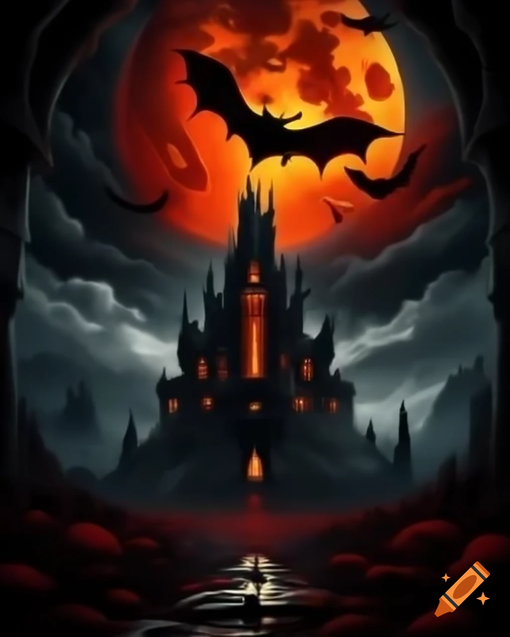 Silhouette of vampire bat flying near ancient castle with crimson moon