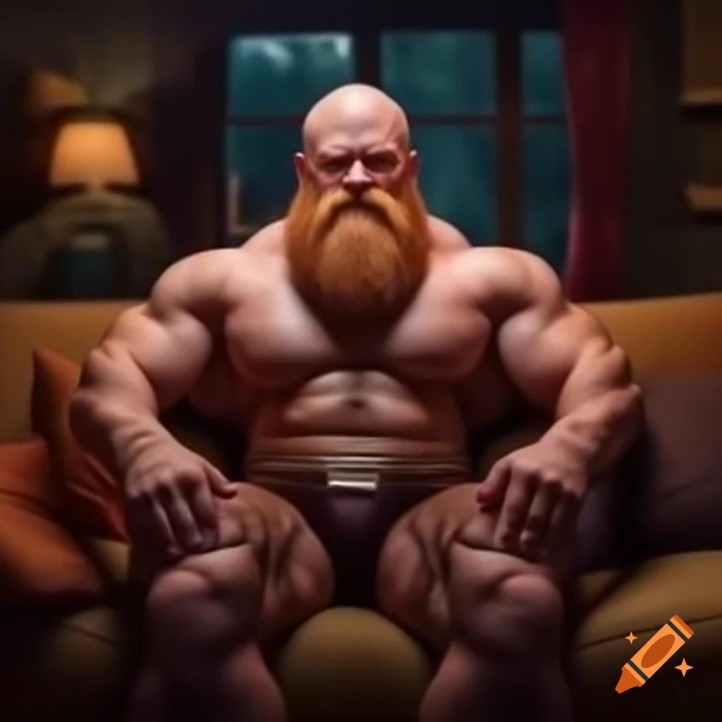 Muscular man with ginger beard appearing to merge with a couch