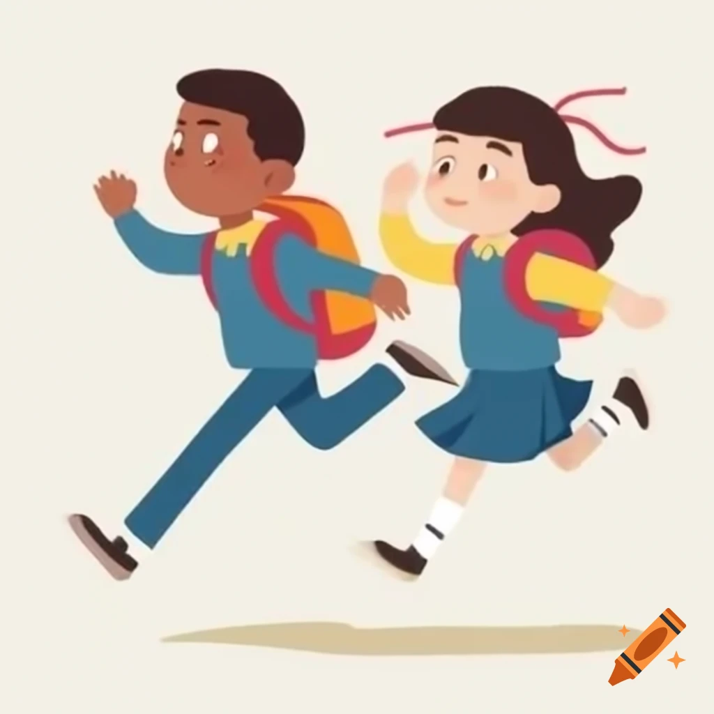 Students in uniform running, illustration from children's book