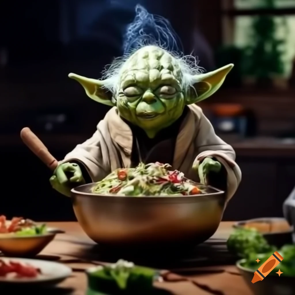 Yoda force cooking a floating bowl of salad in a caricature cooking show